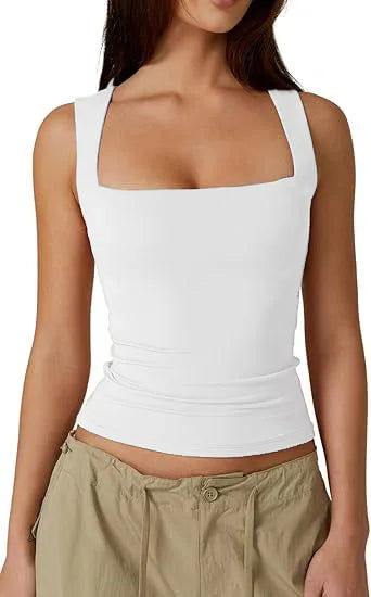 2025Women's Fashion Amazon Street Style Hot Girl Fashion Square Neck Basic Slim Fit Sleeveless Vest Women's Base Shirt
