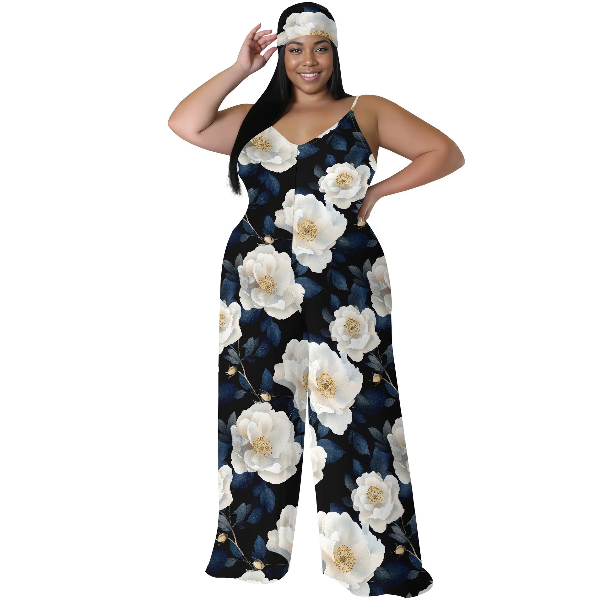 Luxurious Floral Halter V-Neck Maxi Dress - Women's Elegant Chic Party Resortwear Evening Beachwear Summer (with headscarf)