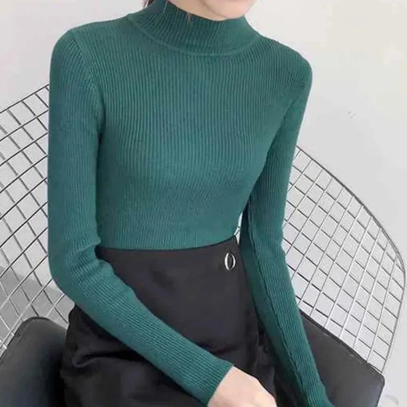 Suéter Feminino Outono/Inverno com Gola Alta – Vintage, Básico, Liso, de Tricô – Blusa Casual Justa, Estilo Coreano, Simples e Elegante