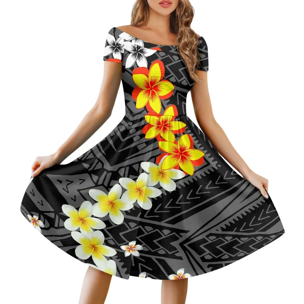 Vestido Feminino Samoano Puletasi – Estampa Floral Vermelha, Polinésio Casual, Feito Sob Medida