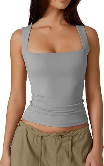 2025Women's Fashion Amazon Street Style Hot Girl Fashion Square Neck Basic Slim Fit Sleeveless Vest Women's Base Shirt