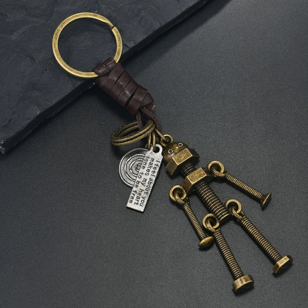 European and American new popular creative keychains men's and women's gifts alloy bronze horns retro woven cowhide pendant