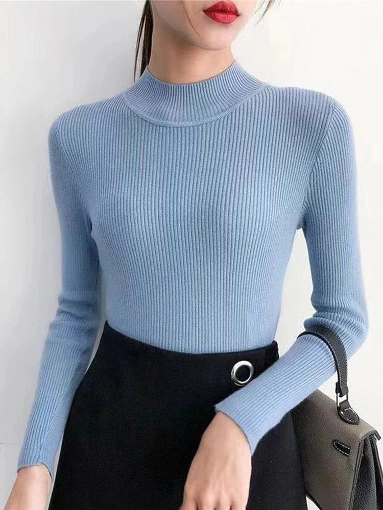 Suéter Feminino Outono/Inverno com Gola Alta – Vintage, Básico, Liso, de Tricô – Blusa Casual Justa, Estilo Coreano, Simples e Elegante