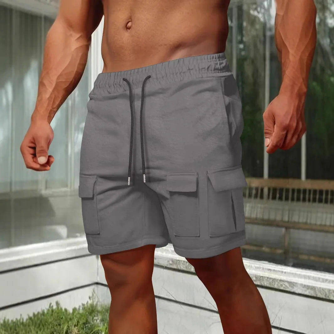 Men's short casual workwear multi-pocket shorts, summer solid-color sports parkour elastic drawstring convenient shorts