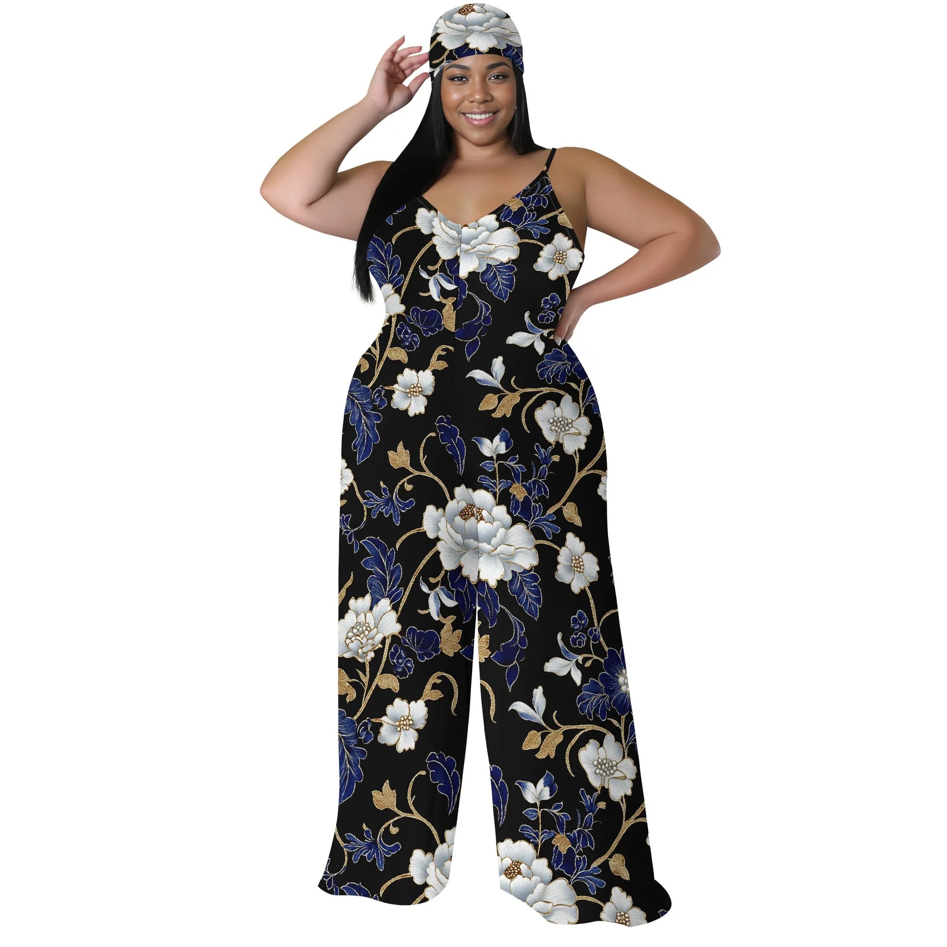 Luxurious Floral Halter V-Neck Maxi Dress - Women's Elegant Chic Party Resortwear Evening Beachwear Summer (with headscarf)