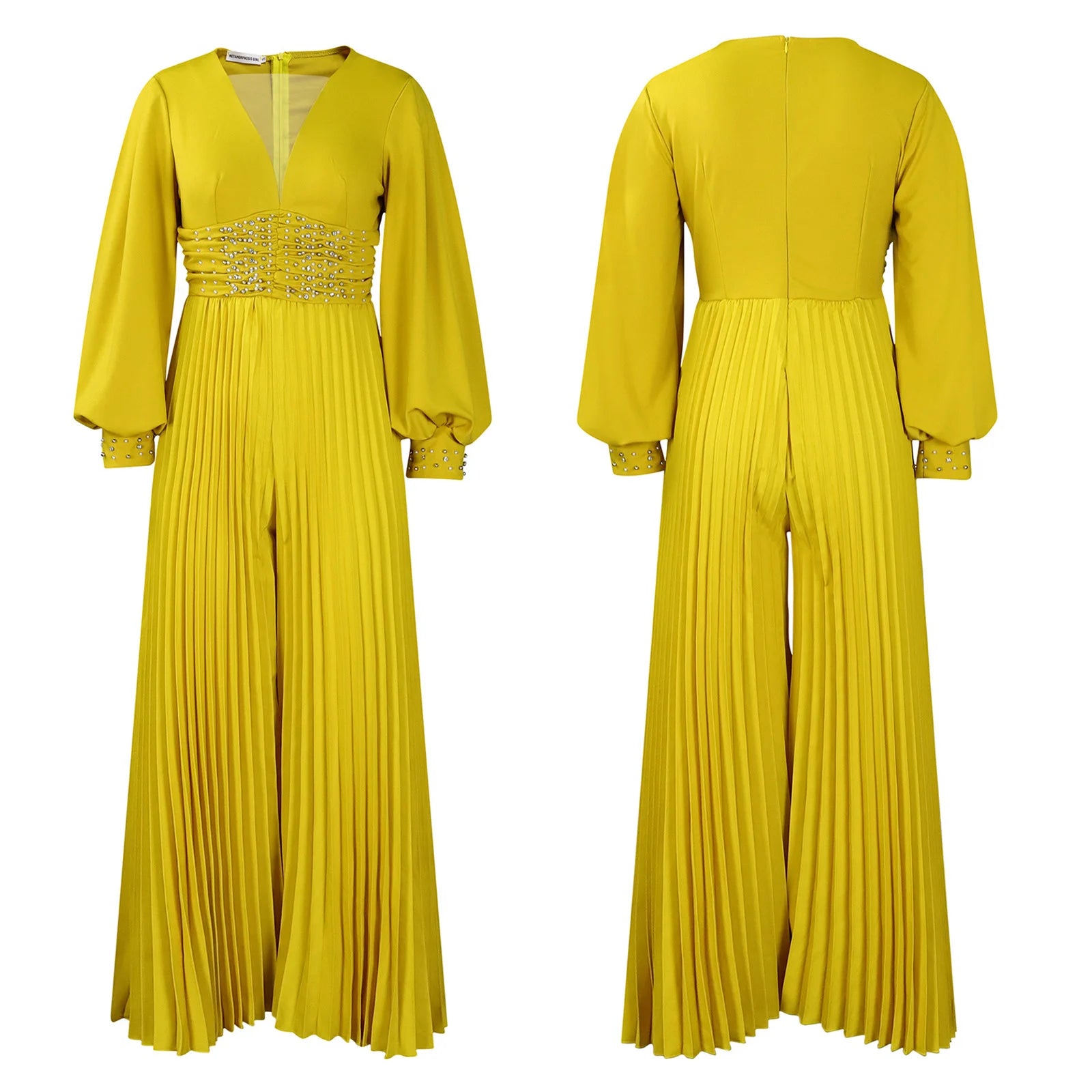 Women's Plus Size Deep V-Neck Bead Mesh Wide Leg Jumpsuit Long Sleeve High Waist Lantern Rompers V Neck Peard Diamond Bodysuit