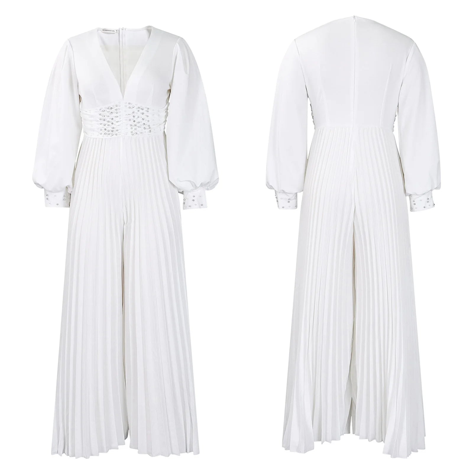 Women's Plus Size Deep V-Neck Bead Mesh Wide Leg Jumpsuit Long Sleeve High Waist Lantern Rompers V Neck Peard Diamond Bodysuit