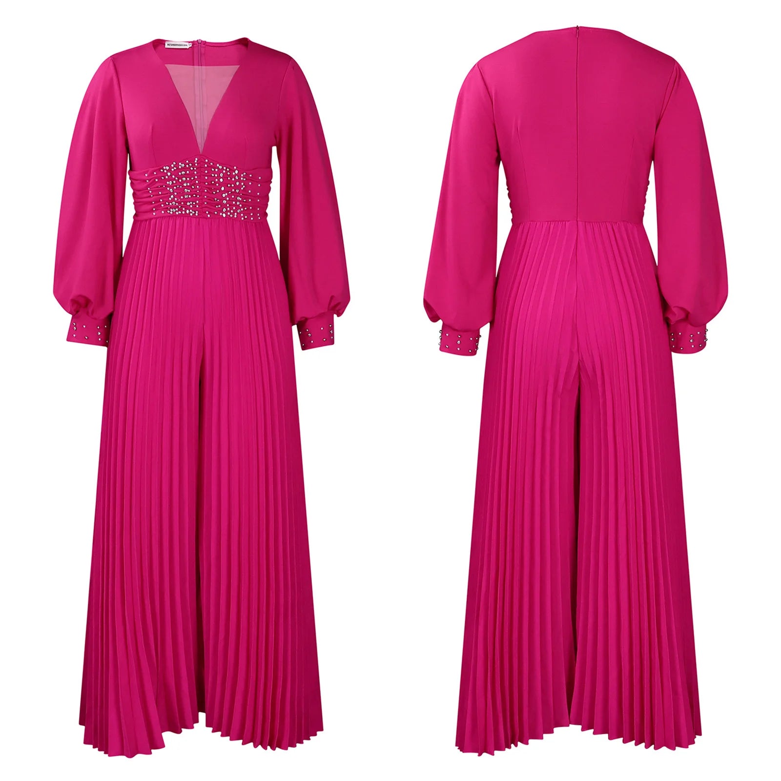 Women's Plus Size Deep V-Neck Bead Mesh Wide Leg Jumpsuit Long Sleeve High Waist Lantern Rompers V Neck Peard Diamond Bodysuit