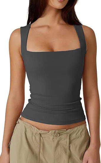 2025Women's Fashion Amazon Street Style Hot Girl Fashion Square Neck Basic Slim Fit Sleeveless Vest Women's Base Shirt