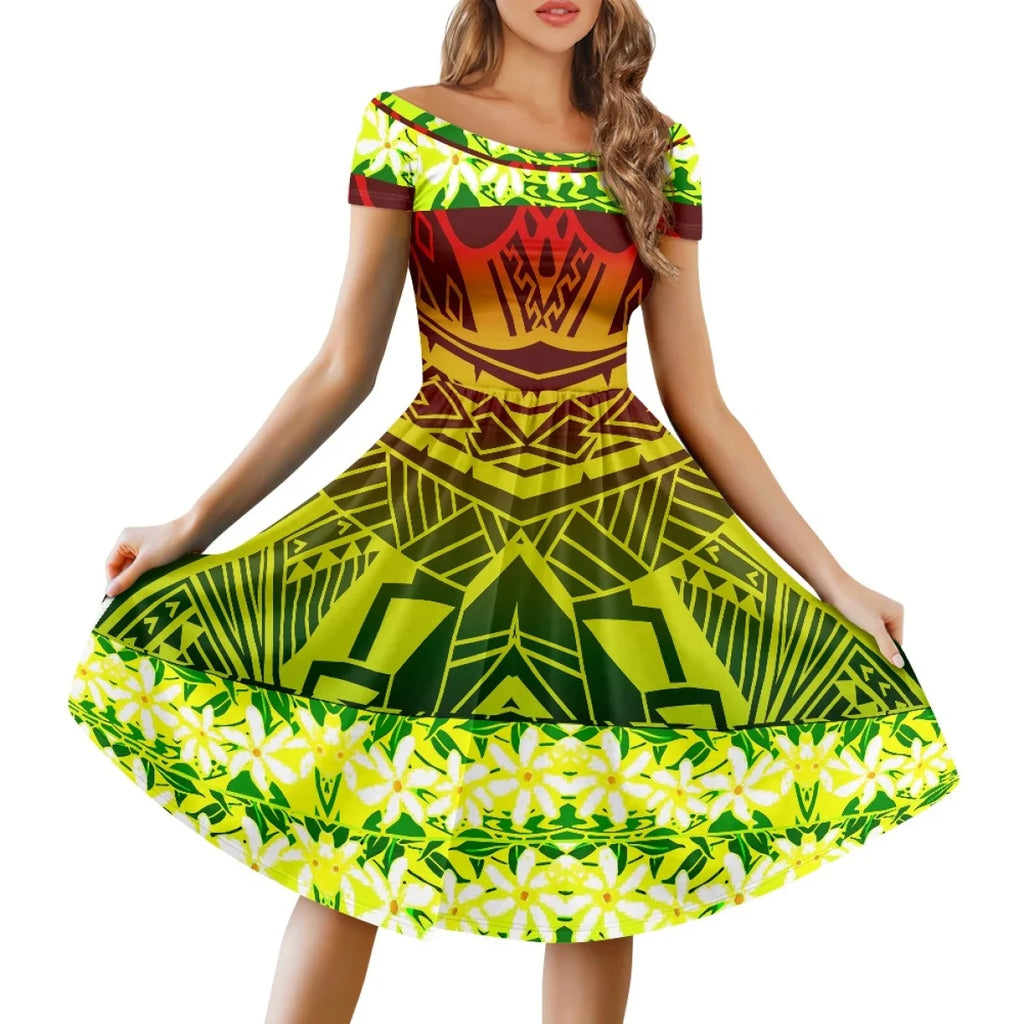 Vestido Feminino Samoano Puletasi – Estampa Floral Vermelha, Polinésio Casual, Feito Sob Medida