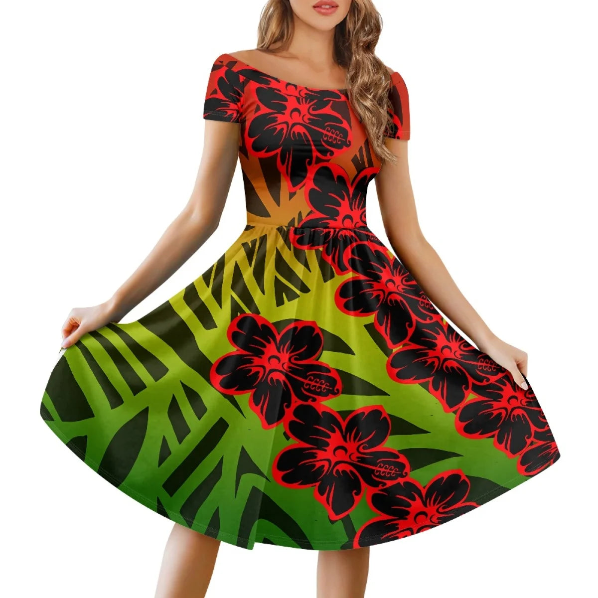 Vestido Feminino Samoano Puletasi – Estampa Floral Vermelha, Polinésio Casual, Feito Sob Medida