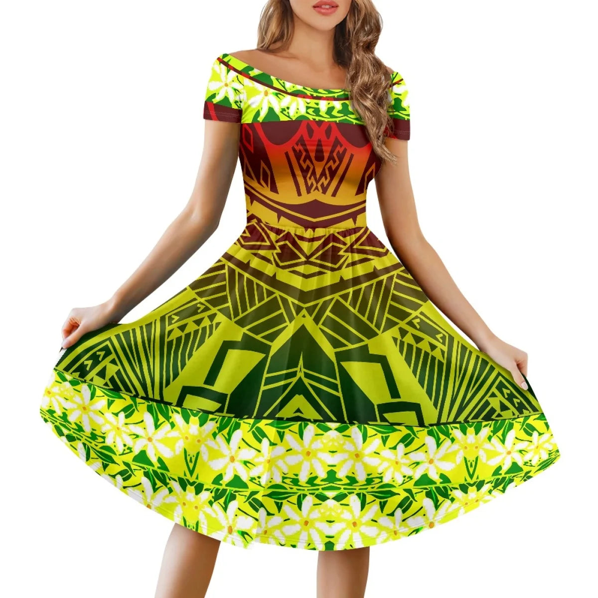 Vestido Feminino Samoano Puletasi – Estampa Floral Vermelha, Polinésio Casual, Feito Sob Medida