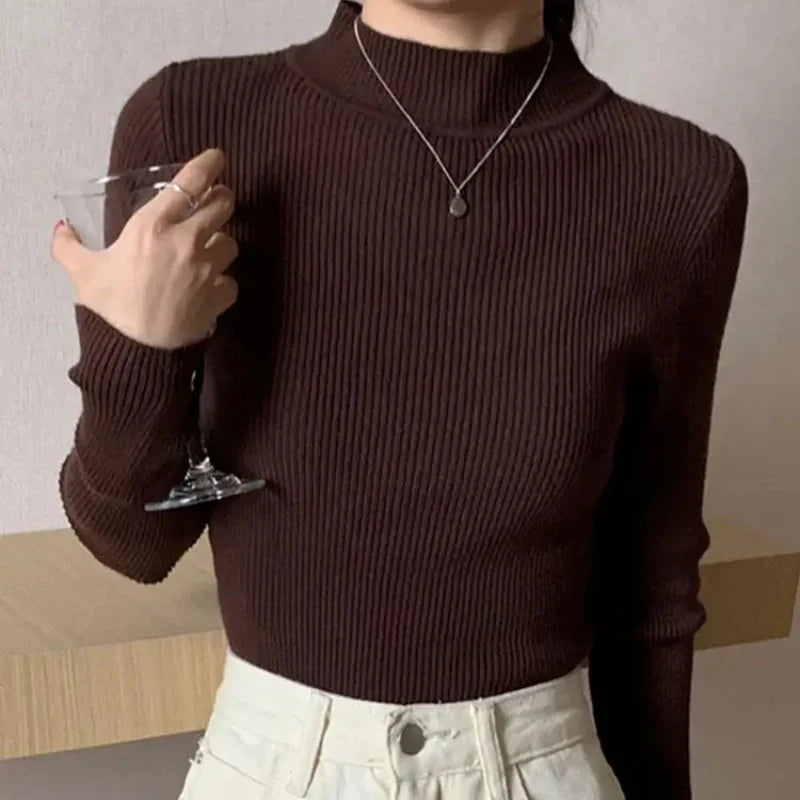 Suéter Feminino Outono/Inverno com Gola Alta – Vintage, Básico, Liso, de Tricô – Blusa Casual Justa, Estilo Coreano, Simples e Elegante
