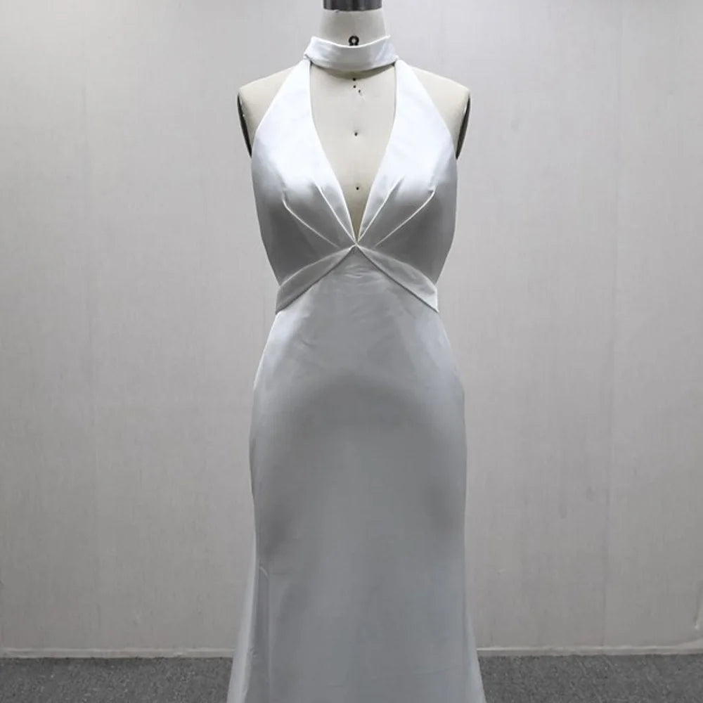 Civil Wedding Dress Halter Sleeveless Backless Sexy Bridal Dress