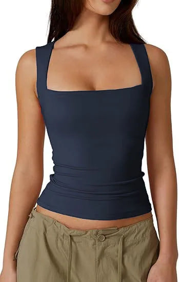 2025Women's Fashion Amazon Street Style Hot Girl Fashion Square Neck Basic Slim Fit Sleeveless Vest Women's Base Shirt