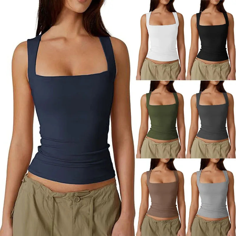 2025Women's Fashion Amazon Street Style Hot Girl Fashion Square Neck Basic Slim Fit Sleeveless Vest Women's Base Shirt