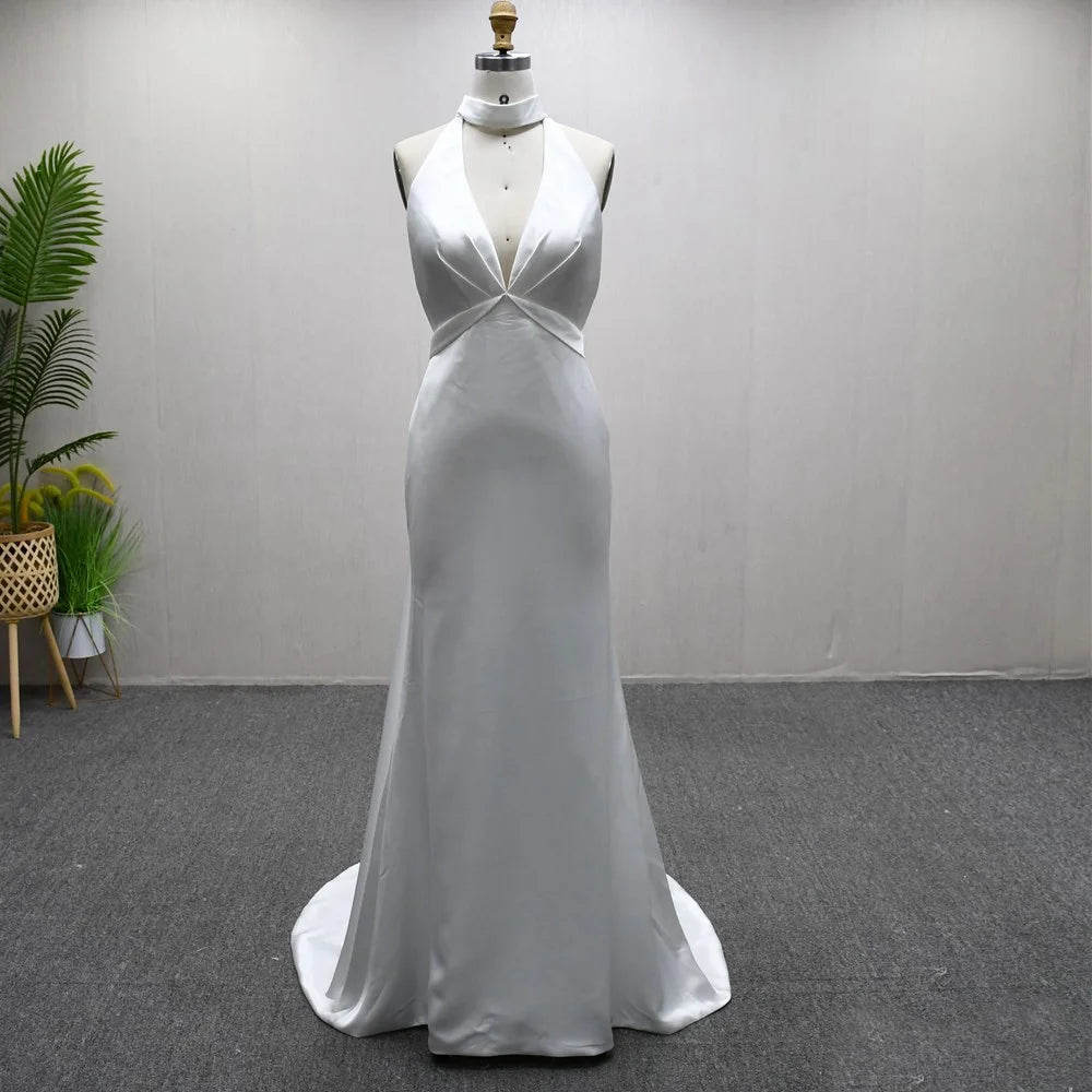 Civil Wedding Dress Halter Sleeveless Backless Sexy Bridal Dress