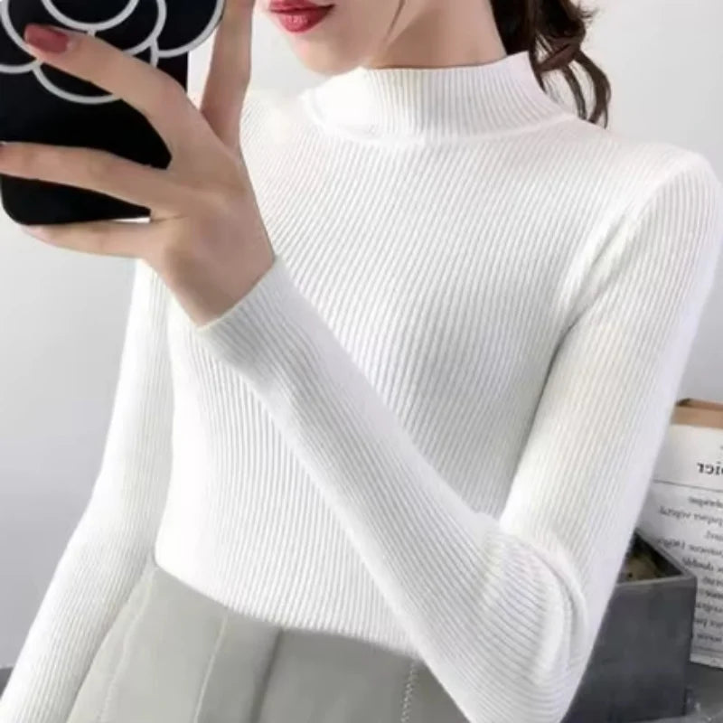 Suéter Feminino Outono/Inverno com Gola Alta – Vintage, Básico, Liso, de Tricô – Blusa Casual Justa, Estilo Coreano, Simples e Elegante