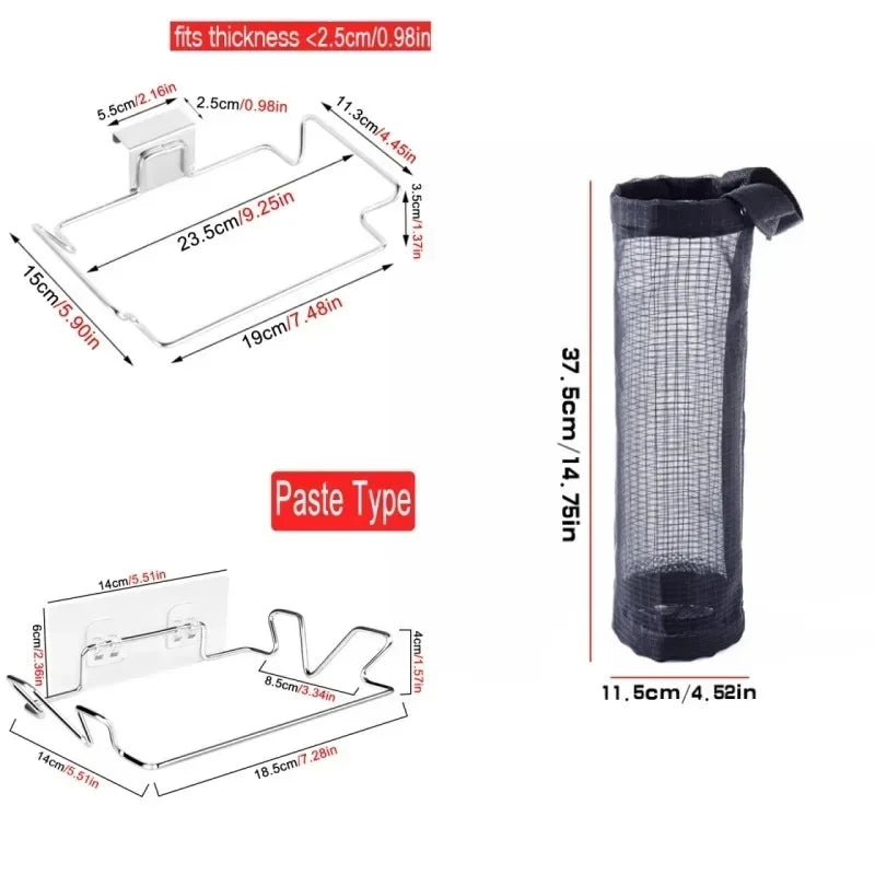 Suporte para lixo de cozinha, sacos para porta de armário, suporte de armazenamento de lixo de aço inoxidável