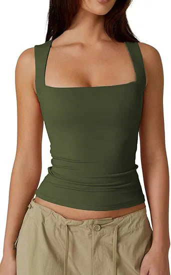2025Women's Fashion Amazon Street Style Hot Girl Fashion Square Neck Basic Slim Fit Sleeveless Vest Women's Base Shirt