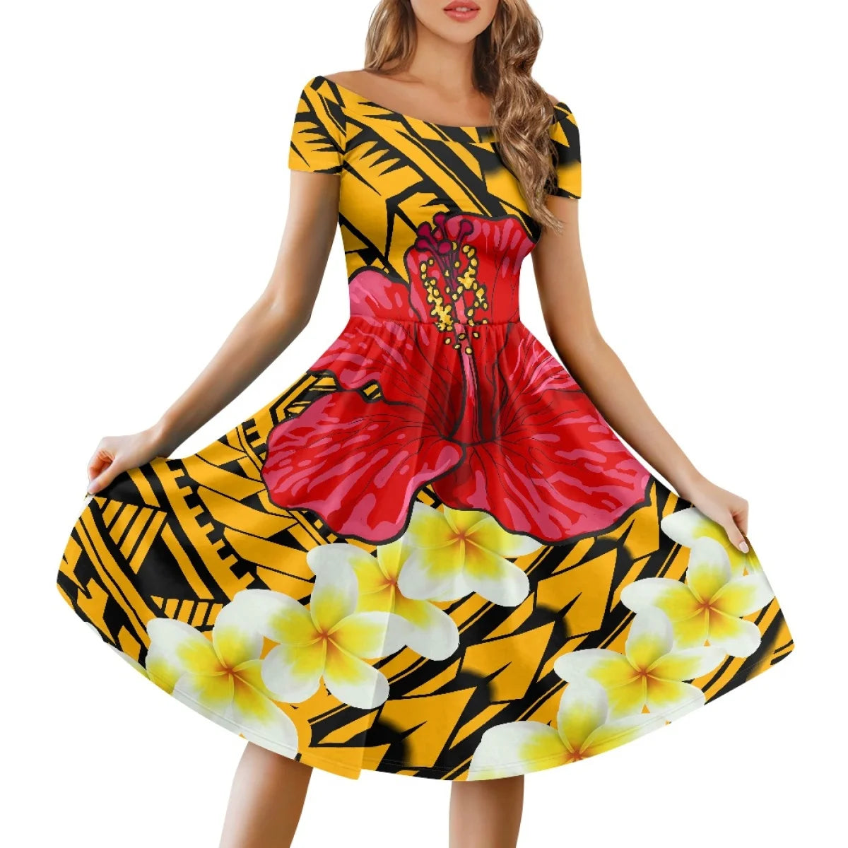 Vestido Feminino Samoano Puletasi – Estampa Floral Vermelha, Polinésio Casual, Feito Sob Medida