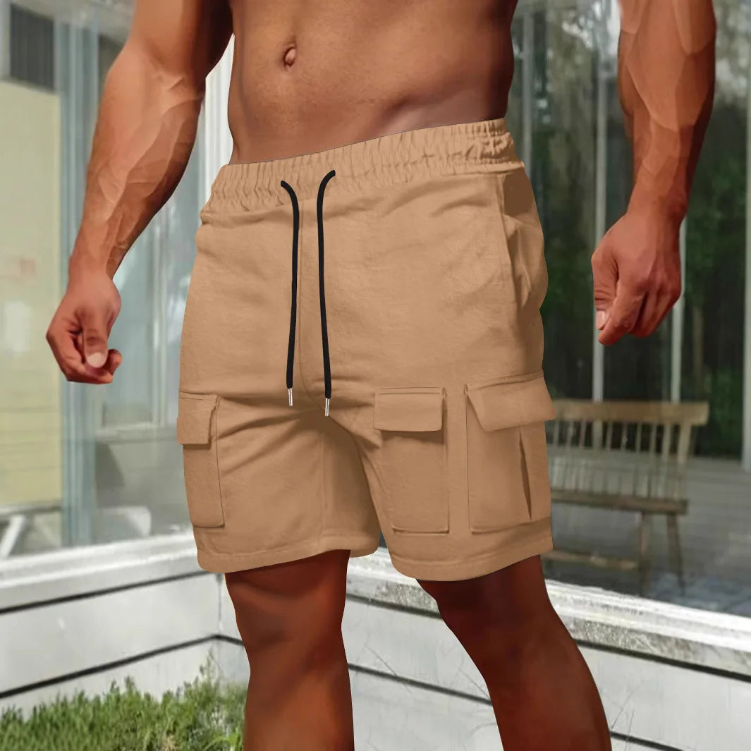 Men's short casual workwear multi-pocket shorts, summer solid-color sports parkour elastic drawstring convenient shorts