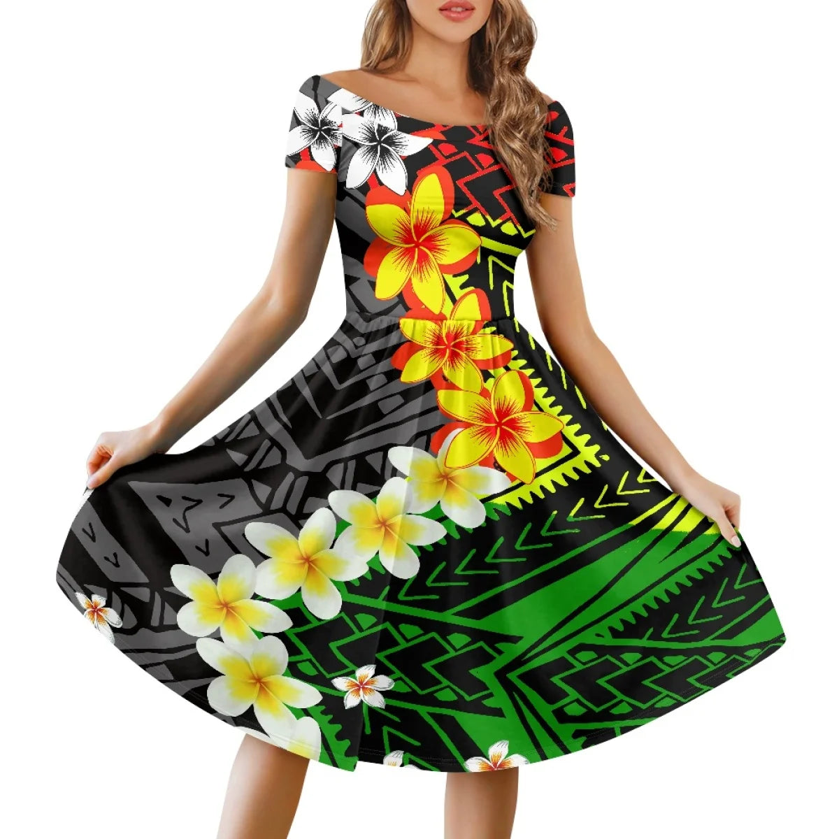 Vestido Feminino Samoano Puletasi – Estampa Floral Vermelha, Polinésio Casual, Feito Sob Medida