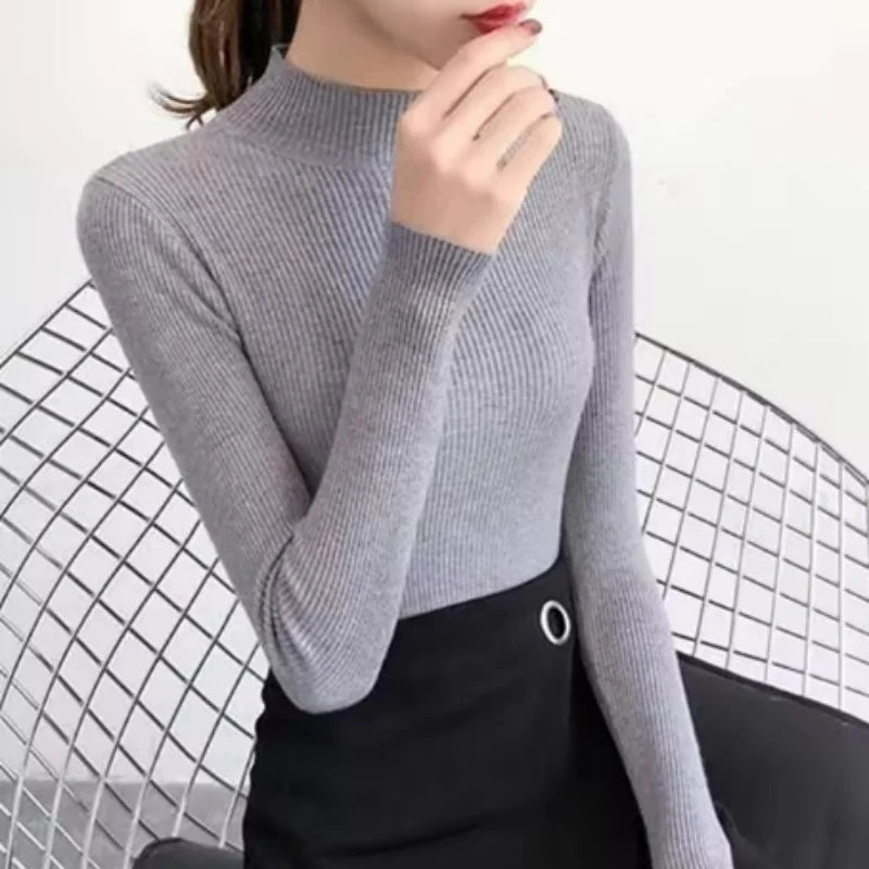 Suéter Feminino Outono/Inverno com Gola Alta – Vintage, Básico, Liso, de Tricô – Blusa Casual Justa, Estilo Coreano, Simples e Elegante
