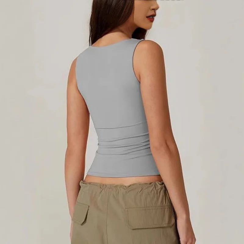 2025Women's Fashion Amazon Street Style Hot Girl Fashion Square Neck Basic Slim Fit Sleeveless Vest Women's Base Shirt