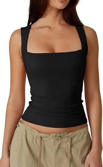 2025Women's Fashion Amazon Street Style Hot Girl Fashion Square Neck Basic Slim Fit Sleeveless Vest Women's Base Shirt