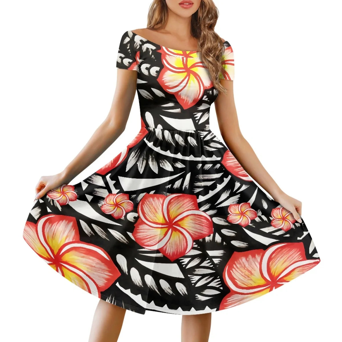 Vestido Feminino Samoano Puletasi – Estampa Floral Vermelha, Polinésio Casual, Feito Sob Medida