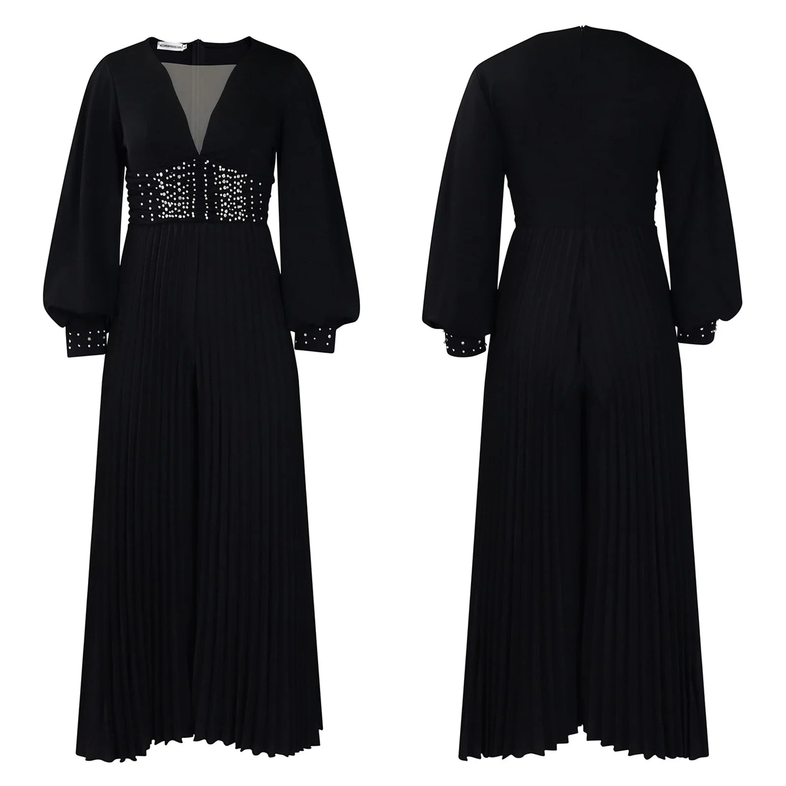 Women's Plus Size Deep V-Neck Bead Mesh Wide Leg Jumpsuit Long Sleeve High Waist Lantern Rompers V Neck Peard Diamond Bodysuit