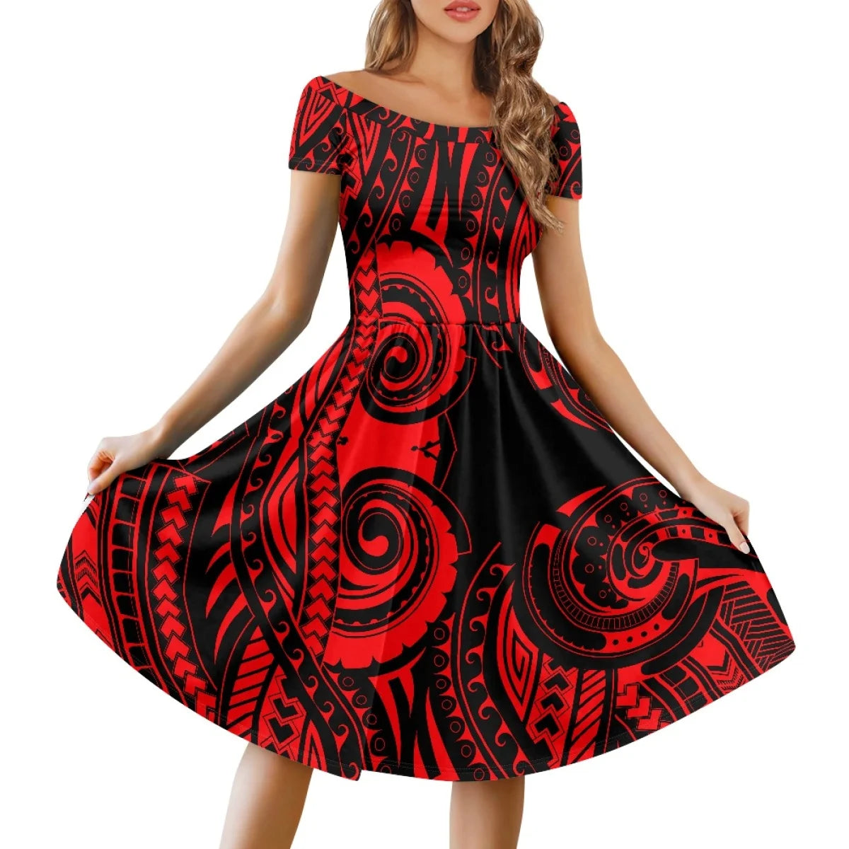 Vestido Feminino Samoano Puletasi – Estampa Floral Vermelha, Polinésio Casual, Feito Sob Medida