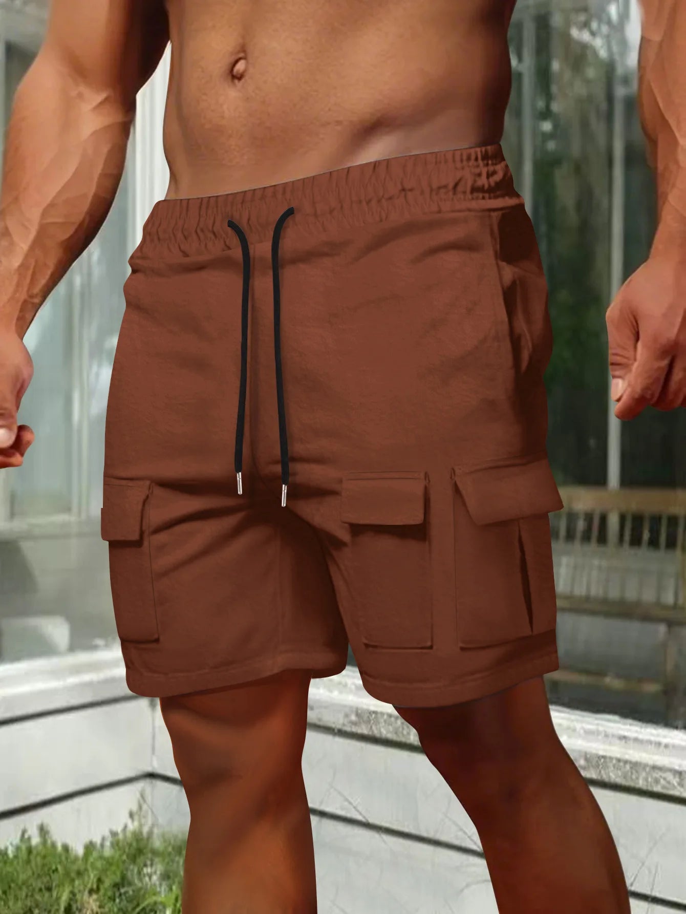 Men's short casual workwear multi-pocket shorts, summer solid-color sports parkour elastic drawstring convenient shorts