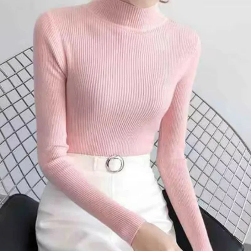 Suéter Feminino Outono/Inverno com Gola Alta – Vintage, Básico, Liso, de Tricô – Blusa Casual Justa, Estilo Coreano, Simples e Elegante