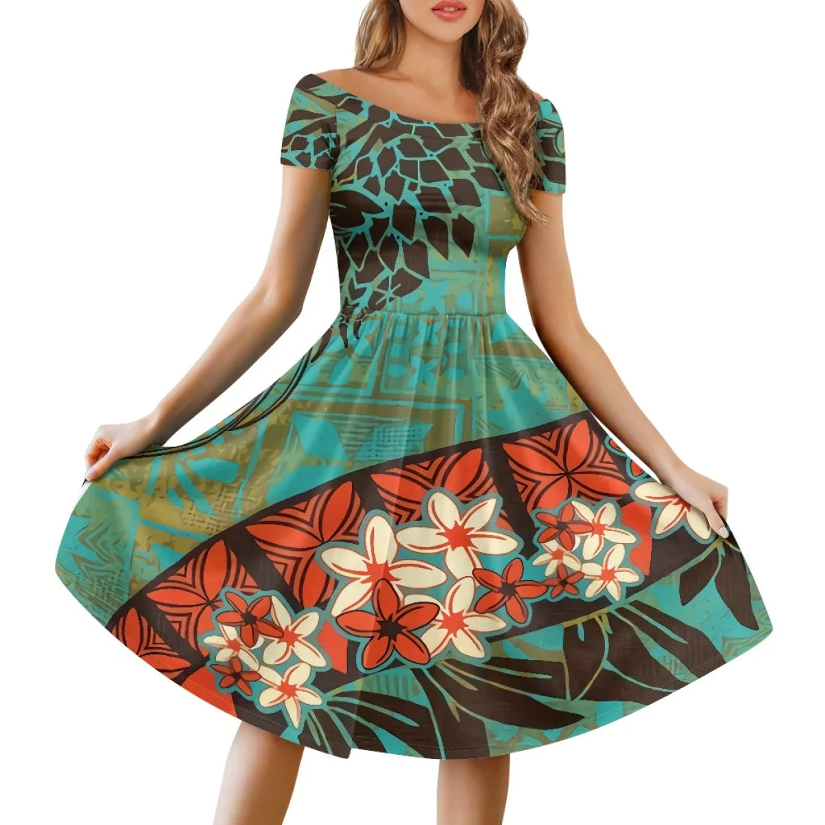 Vestido Feminino Samoano Puletasi – Estampa Floral Vermelha, Polinésio Casual, Feito Sob Medida