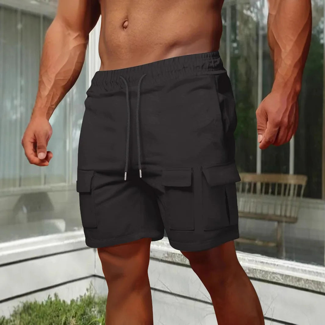 Men's short casual workwear multi-pocket shorts, summer solid-color sports parkour elastic drawstring convenient shorts