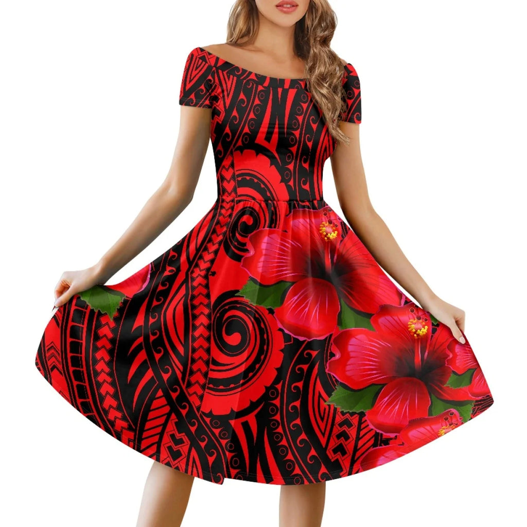 Vestido Feminino Samoano Puletasi – Estampa Floral Vermelha, Polinésio Casual, Feito Sob Medida
