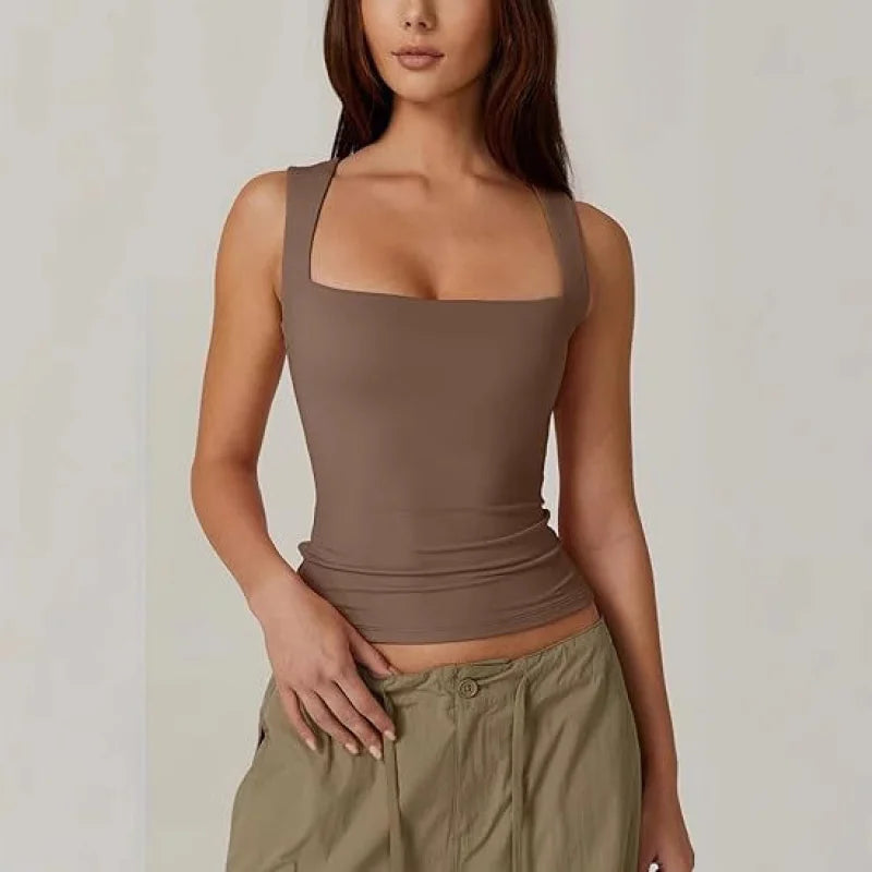 2025Women's Fashion Amazon Street Style Hot Girl Fashion Square Neck Basic Slim Fit Sleeveless Vest Women's Base Shirt
