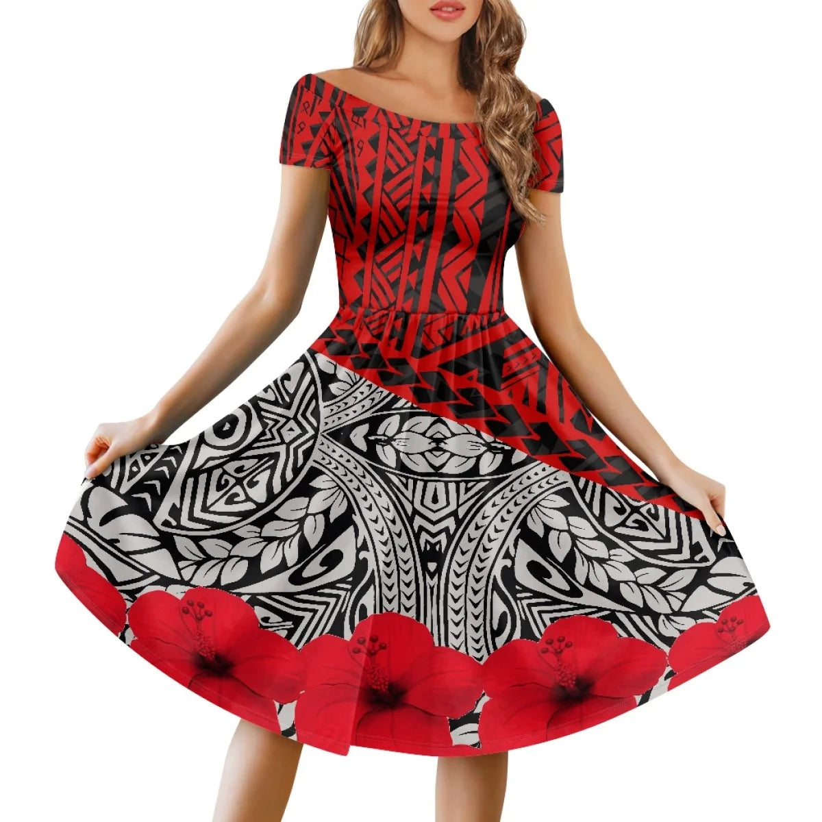 Vestido Feminino Samoano Puletasi – Estampa Floral Vermelha, Polinésio Casual, Feito Sob Medida