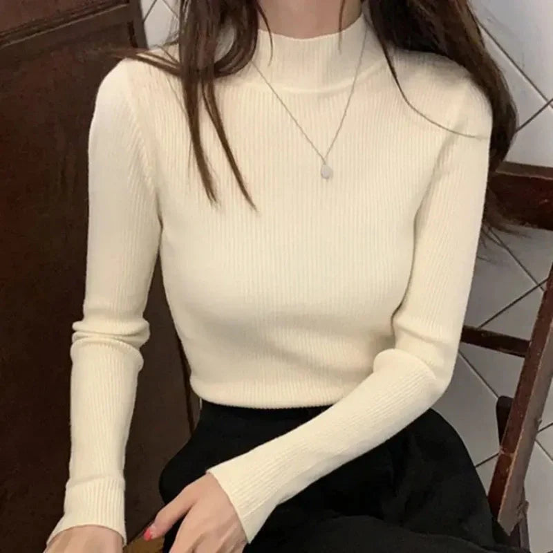 Suéter Feminino Outono/Inverno com Gola Alta – Vintage, Básico, Liso, de Tricô – Blusa Casual Justa, Estilo Coreano, Simples e Elegante