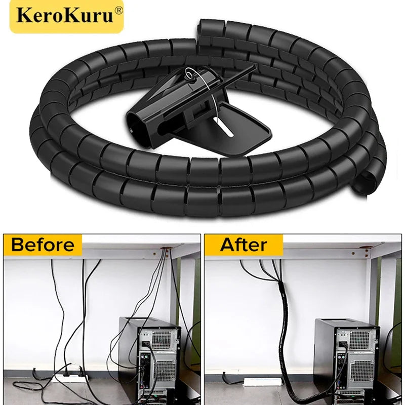 Flexible 2M 16/10mm Spiral Cable Wire Protector Tube Clip for Computer Cord Organizer Management Tools Protective