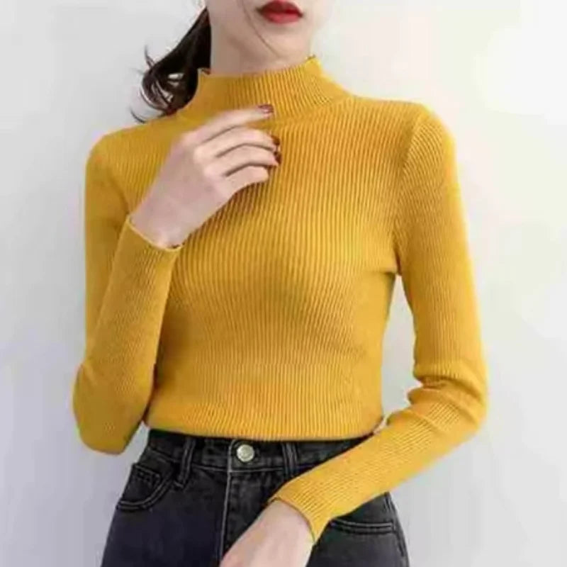 Suéter Feminino Outono/Inverno com Gola Alta – Vintage, Básico, Liso, de Tricô – Blusa Casual Justa, Estilo Coreano, Simples e Elegante