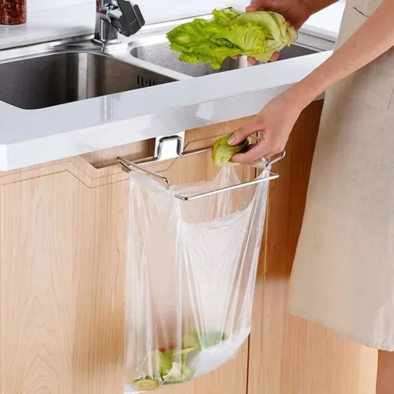 Suporte para lixo de cozinha, sacos para porta de armário, suporte de armazenamento de lixo de aço inoxidável