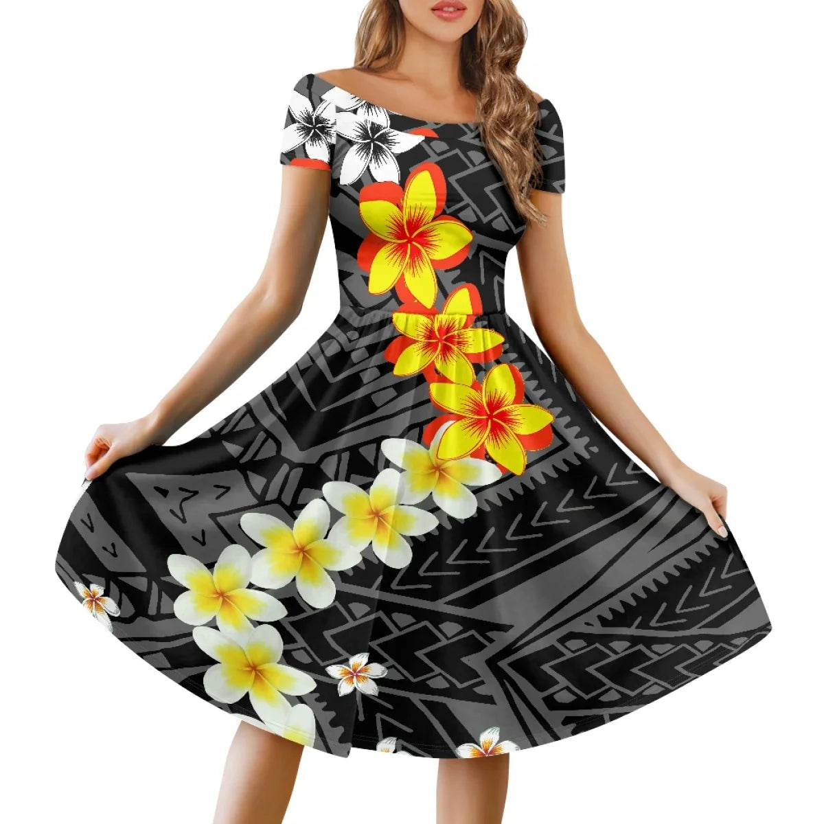 Vestido Feminino Samoano Puletasi – Estampa Floral Vermelha, Polinésio Casual, Feito Sob Medida