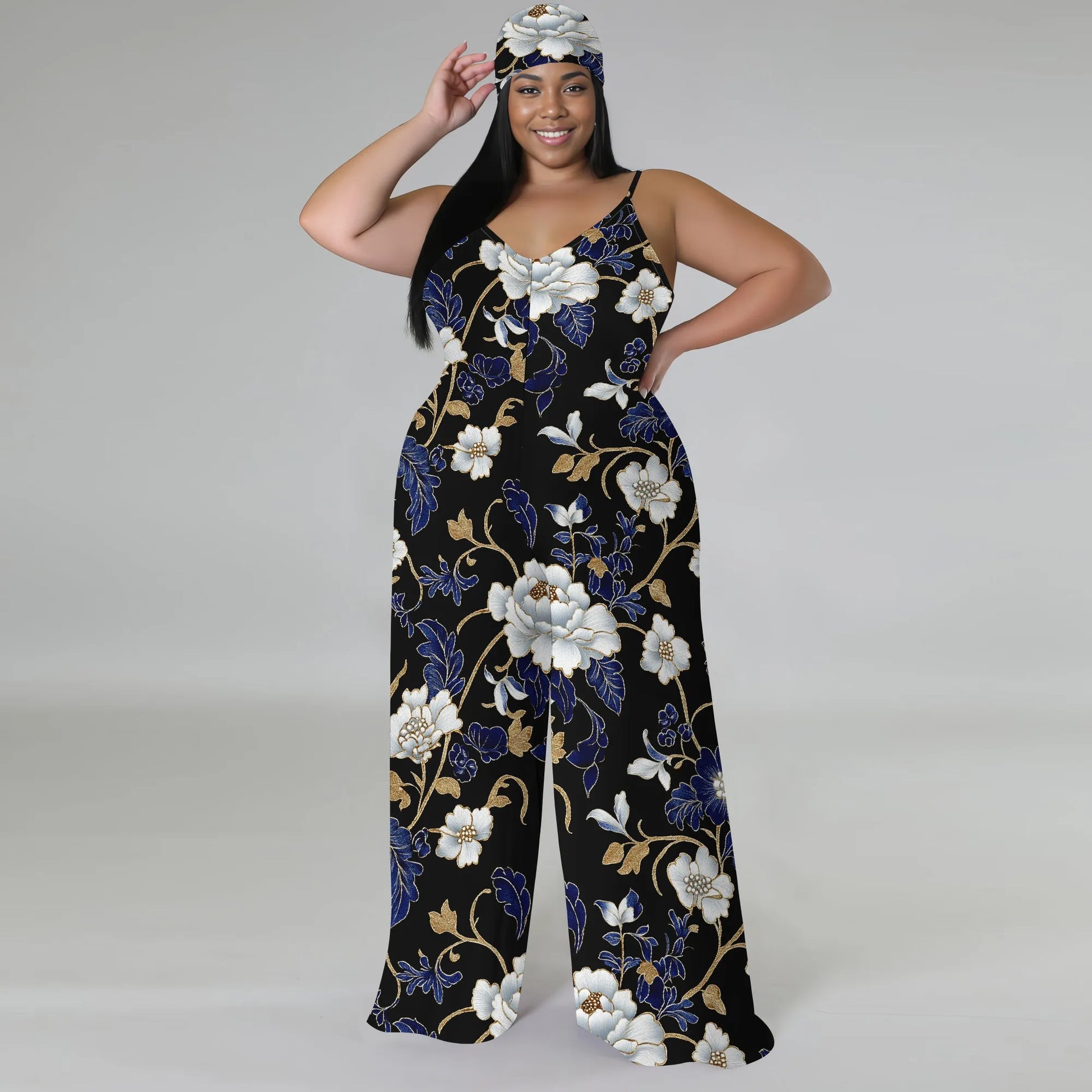 Luxurious Floral Halter V-Neck Maxi Dress - Women's Elegant Chic Party Resortwear Evening Beachwear Summer (with headscarf)